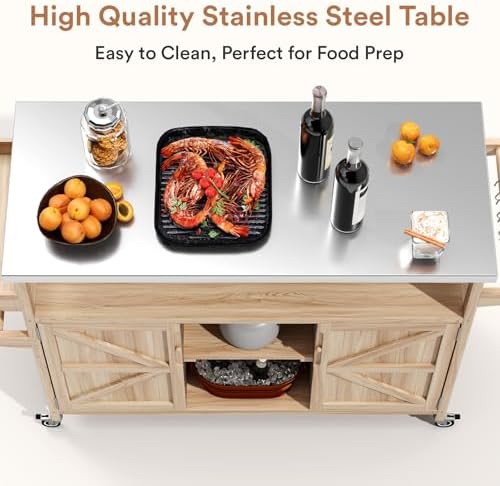 Zevemomo Outdoor Grill Cart with Storage, Stainless Steel Tabletop Outdoor Kitchen Island, Solid Wood Outdoor Buffet Cabinet with Wheels for Grilling, Light Wood Color - Image 4