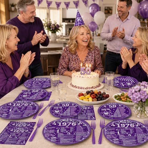 96PCS 50th Birthday Party Paper Plates and Napkins Set for Retro 50 Years Old Party Purple Paper Plates Disposable Decor Back in 1976 Parties Set for Kids Birthday Gatherings Decorations - Image 6