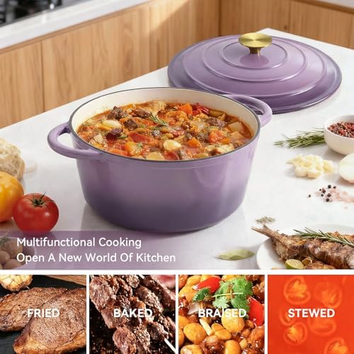 Miereirl 6 Quart Enameled Dutch Oven Pot with Lid, Cast Iron Dutch Oven with Dual Handles for Bread Baking, Cooking, Non-stick Enamel Coated Cookware, Purple - Image 4