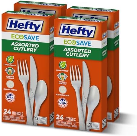 Hefty ECOSAVE Compostable Assorted Cutlery Set, 4 Pack, Utensils for BBQs, Tailgates, Camping, and Parties, Includes 8 Forks, 8 Spoons, and 8 Knives per pack, Compostable, Sustainable Design by Hefty