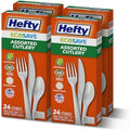 Hefty ECOSAVE Compostable Assorted Cutlery Set, 4 Pack, Utensils for BBQs, Tailgates, Camping, and Parties, Includes 8 Forks, 8 Spoons, and 8 Knives per pack, Compostable, Sustainable Design by Hefty