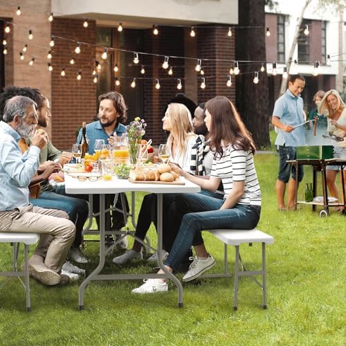 VINGLI Picnic Table Set with 2 Benches, 6 Feet Camping Table Chair Set,3-Piece Folding Furniture for Indoor or Outdoor Use, Smooth Tabletop, White - Image 7