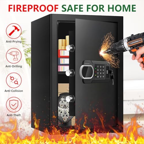3.4 Cuft Large Home Safes Water and Fireproof with Digital Keypad & Key Lock, Security Safes for Home with DIY Removable Shelf, Anti-Pry Safe Box for Money Documents Jewelry, 19.69"H x13.78"W x 12.2"D - Image 3