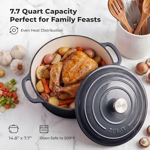 Zulay Kitchen 7.7 Quart Enameled Cast Iron Dutch Oven Pot with Lid – Premium Durability & Oven Safe up to 500°F – Heavy Duty Cookware Perfect for Bread Baking, Stews, Braising & Roasting – Gray - Image 6