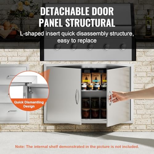 VEVOR BBQ Access Door, 39W x 26H Inch Double Outdoor Kitchen, Stainless Steel Flush Mount, Wall Vertical with Handles and Hooks, for BBQ Island, Grilling Station, Outside Cabinet - Image 4