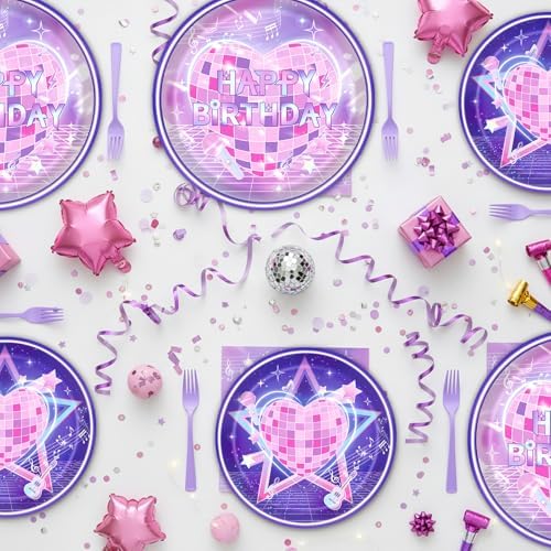Pink and Purple Party Decorations, 96PCS Magical Music Theme Paper Plates and Napkins Decorations, Cute Singer Happy Birthday Forks Decor Supplies Serve 24 - Image 6
