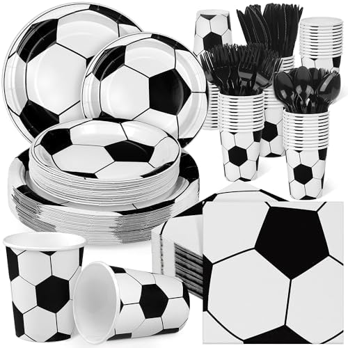 Kochorie 400 Pieces Soccer Disposable Party Tableware Sets Including Plates Cups Napkins Cutlery Serves 50 for Soccer Games Sports Birthday Party Decorations by Kochorie