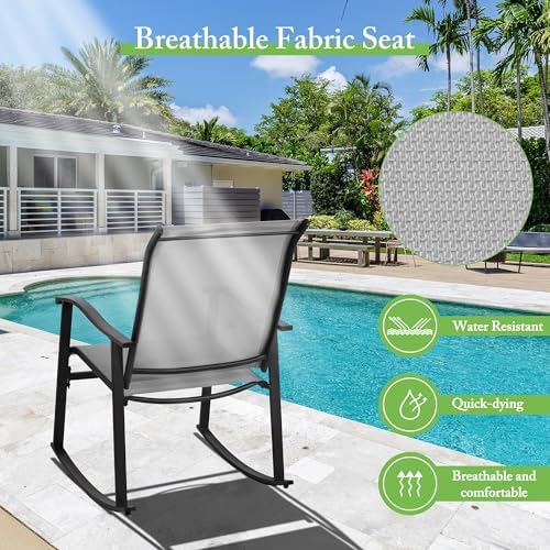 Shintenchi 3 Piece Rocking Bistro Set, Outdoor Furniture with Rocker Chairs and Glass Coffee Table Set of 3, Balcony, Porch Furniture for Small Space, Light Gray - Image 6