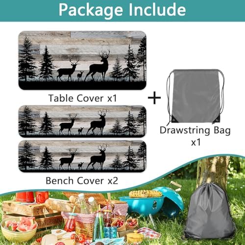 Forest Deer Picnic Table Cover with Bench Covers and Bag, Camping Essentials, Waterproof Windproof, Fitted Tablecloth Cover with Elastic Edge, for Indoor & Outdoor, Garden, 3 PCS, 30x96 Inch - Image 6
