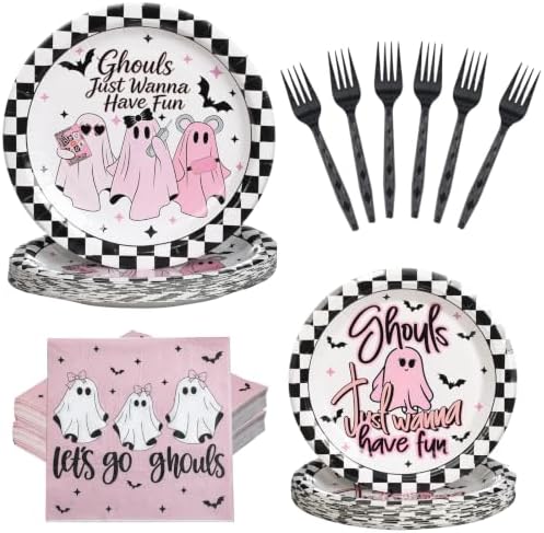 125 Pcs Halloween Girls Night Decorations Tableware Ghouls Night Supplies | Ghouls Just Wanna Have Fun Birthday Party Decor, Pink Ghost Girly Bachelorette Disposable Plates & Napkins for 25 Guests by Rokochoes