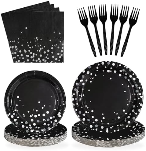 Grencian 96 Pcs Black and Silver Birthday Party Decorations, Serves 24 by Grencian