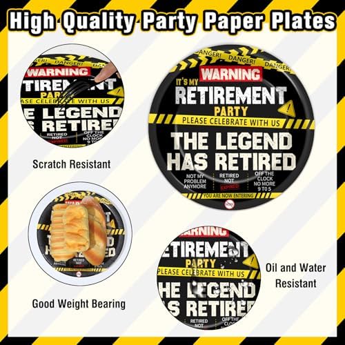 96PCS Retirement Party Plates and Napkins Retirement Party Supplies for Men Women Warning Caution Logos Disposable Dessert Paper Plates Funny Legend Retired Tableware Farewell Birthday Decorations - Image 3