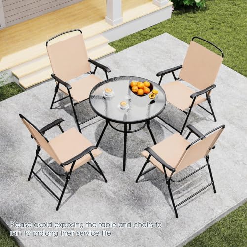 Tangkula 6 Pieces Patio Dining Set with Umbrella, Outdoor Table and Chairs Set with 4 Folding Armchairs and Round Tempered Glass Table for Garden, Deck, Lawn and Backyard (Beige) - Image 2