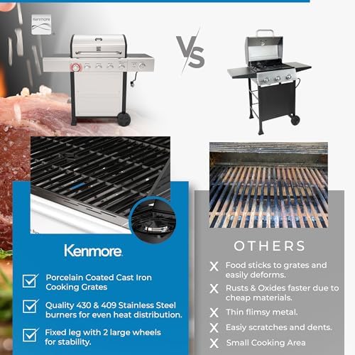 Kenmore 4-Burner Gas Grill with Side Burner, Outdoor BBQ Grill, Propane Gas Grill, Cast Iron Cooking Grates, Electronic Ignition, Warming Rack, Open Cart Design, 53000 BTUs, Stainless Steel - Image 4