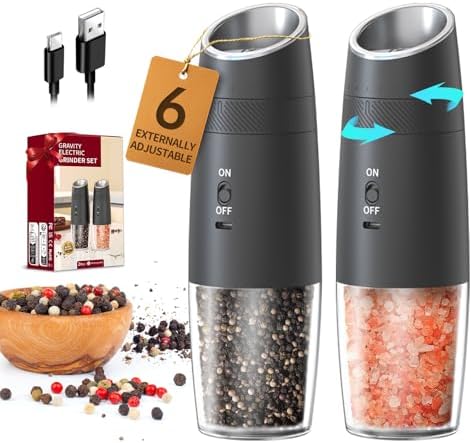 CIRCLE JOY Gravity Electric Salt and Pepper Grinder Set Rechargeable Automatic Pepper and Salt Shakers with LED Light, External Adjustable Coarseness, One-Hand Operation for Salt & Spices by CIRCLEJOY