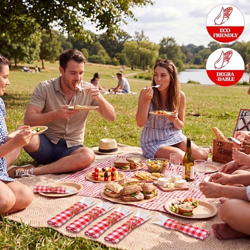 200 Pcs BBQ Party Supplies Red White Gingham Disposable Tableware - Image 2