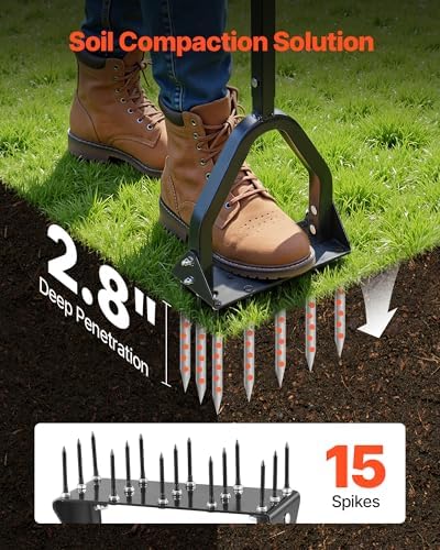 VEVOR Lawn Aerator, 9.2 in Manual Spike Aerator Tool with 15 Iron Spikes, Long Handle & Wide Plate, Heavy Duty Grass Aeration Tool, Yard Aerators for Compacted Hardened Soil Lawn Aeration - Image 2