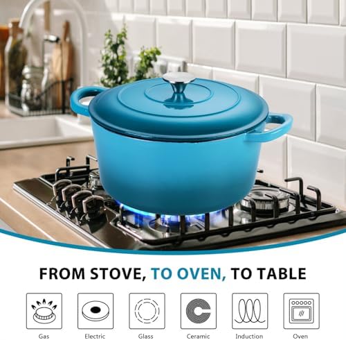 E-far 6 Quart Dutch Oven, Enameled Cast Iron Dutch Oven Pot with Lid, Nonstick Round Cookware for Braising/Stews/Roasting/Bread Baking/Cooking, Heavy Duty, Induction & Oven Safe - Teal Mist - Image 5