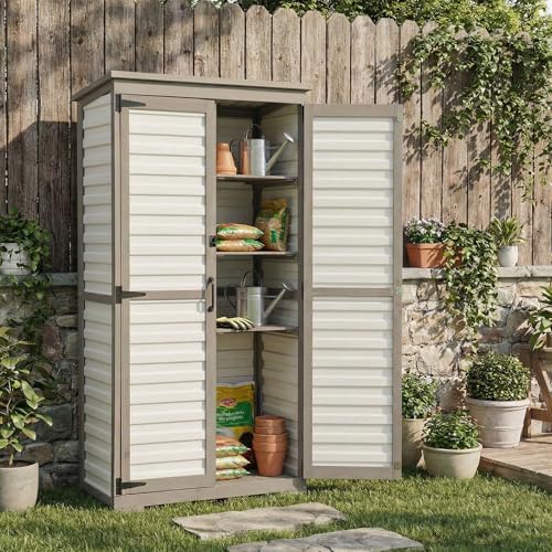 PetsCosset Outdoor Storage Cabinet with Shelves, Wood & Plastic Garden Shed, Weatherproof Outside Tool Cabinet for Patio, Backyard, Pool - Image 5
