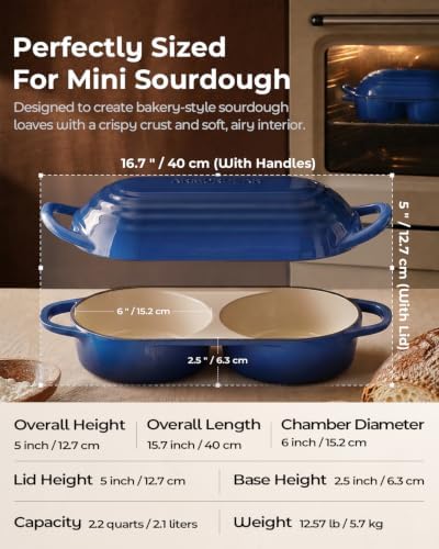 Mini Double Dutch Oven for Sourdough, Enameled Cast Iron Bread Pan, Blue - Image 3