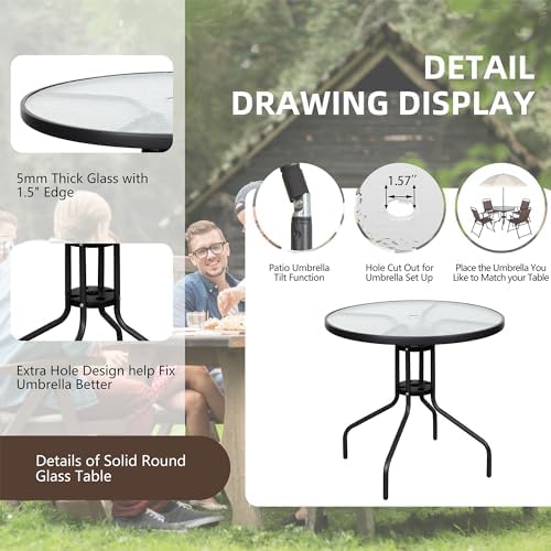 Vongrasig 6 Pieces Folding Patio Dining Set, All Weather Small Metal Outdoor Table and Chairs Set, Patio Furniture Set w/Umbrella, Glass Table & 4 Folding Chairs for Garden, Lawn, Backyard, Brown - Image 5
