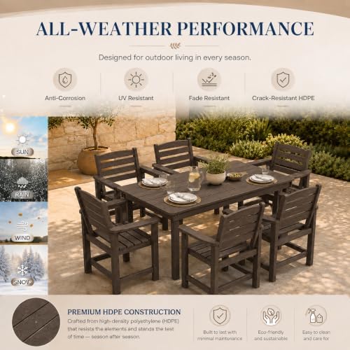 7 Pcs Outdoor Patio Dining Set, HDPE Table & Chairs with Umbrella Hole - Image 7