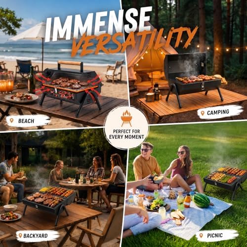 Tabletop Charcoal Grill, Portable Foldable Tabletop BBQ Grill with Dual Sided Griddle & Grill, Compact Folded Design, Thickened Body for Camping, Picnic & Outdoor Cooking - Image 6