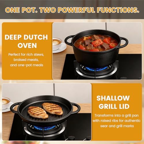 3.5QT Cast Iron Dutch Oven with Skillet Lid, 2-in-1 Cookware Set - Image 6