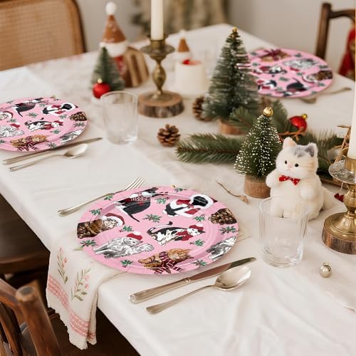 WRAPAHOLIC 25Pcs Christmas Paper Plates - 9 Inch Pink Mistletoe and Cat Disposable Plates Decorative Dinner Plates for Christmas Party Tableware Supplies Table Decor - Image 4