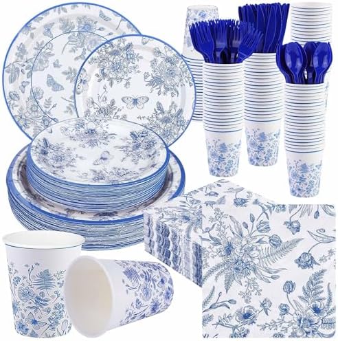 Kochorie 400 Pieces Blue and White Flower Disposable Party Tableware Sets Including Plates Cups Napkins Cutlery Serves 50 for Wedding Birthday Baby Shower Party Decorations by Kochorie