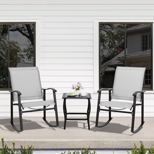 Shintenchi 3 Piece Rocking Bistro Set, Outdoor Furniture with Rocker Chairs and Glass Coffee Table Set of 3, Balcony, Porch Furniture for Small Space, Light Gray - Image 2