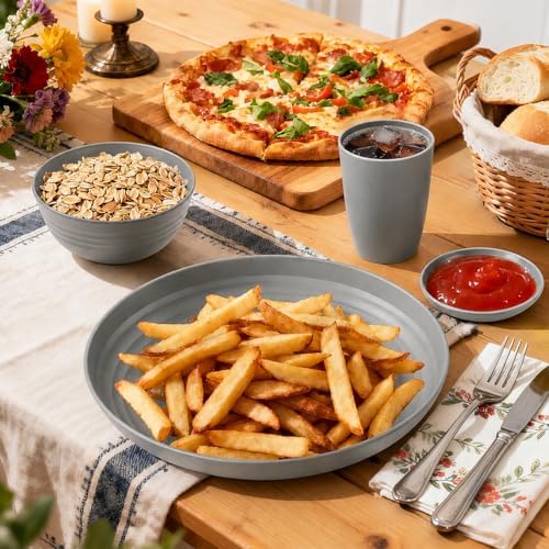 Kids Wheat Straw Dinnerware Sets for 4, 16 Piece Unbreakable Dinnerware Set, Kids Plates and Bowls Sets, Kitchen Plates and Bowls Set, Lightweight Dish Set for Party, Camping，RV - Grey - Image 7