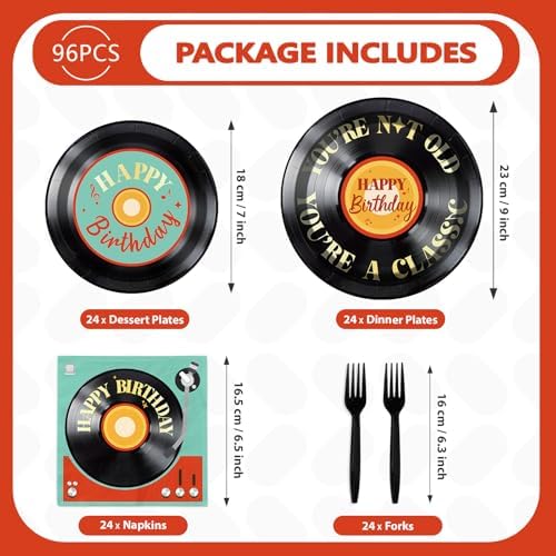 96Pcs Vinyl Record Birthday Party Decorations for Men Women, Serves 24 - Image 2