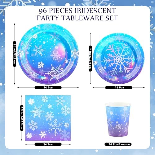 Kochorie 96 Pieces Frozen Iridescent Winter Snowflake Birthday Party Supplies Snowflake Tableware Set Disposable Paper Plates Cups Napkins Serve 24 Guests for Christmas Winter Wonderland Decorations - Image 2