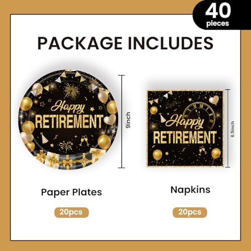 40Pcs Retirement Paper Plates and Napkins Party Supplies, Disposable Happy Retirement Decorations Party Plates Napkins Black Gold Tableware Set for Men Women - Image 2