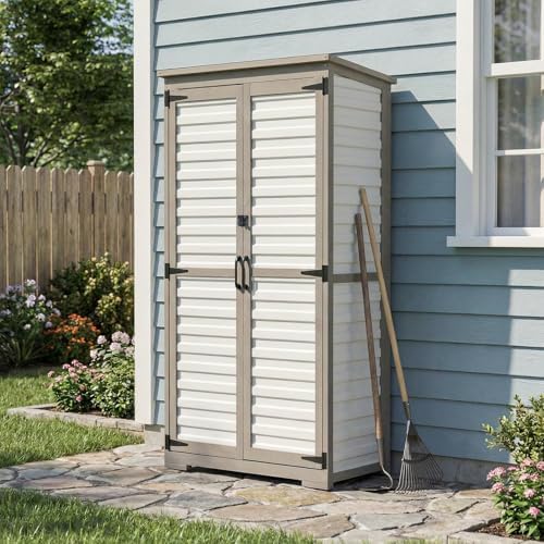 PetsCosset Outdoor Storage Cabinet with Shelves, Wood & Plastic Garden Shed, Weatherproof Outside Tool Cabinet for Patio, Backyard, Pool by PETSCOSSET
