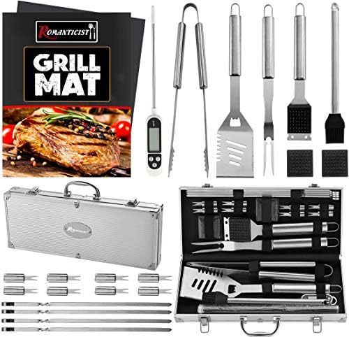 ROMANTICIST 23pcs Must-Have BBQ Grill Accessories Set with Thermometer in Case - Stainless Steel Barbecue Tool Set with 2 Grill Mats for Backyard Outdoor Camping - Father's Day Best Barbecue Gift by ROMANTICIST