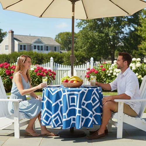 LUSHVIDA Moroccan Round Outdoor Tablecloth with Umbrella Hole 60 Inch Blue - Image 2