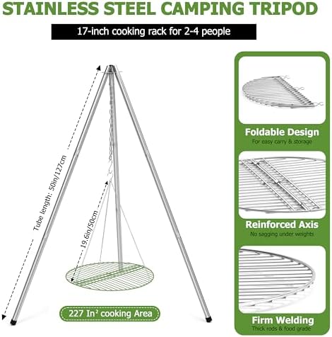 HaSteeL Campfire Tripod for Cooking, Stainless Steel Camping Tripod Grill for Outdoors Beach Backyard Firepit BBQ, Openfirer Stand Hanger with 17” Folding Rack & 6 Barbecue Tools, Adjustable Height - Image 2