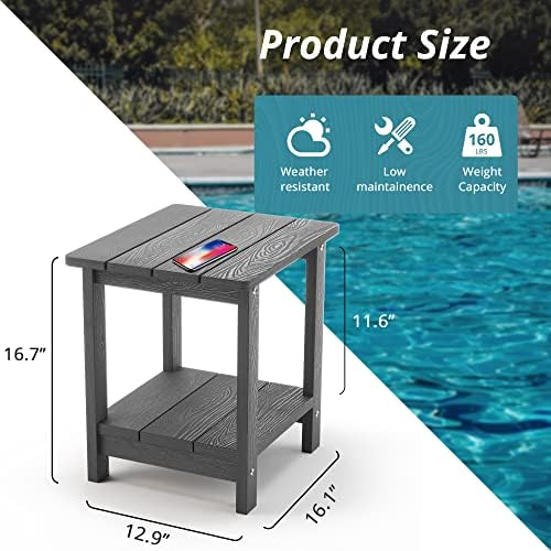 LUE BONA Outdoor Side Table, 2-Tier HDPS Small Patio Table, Dark Grey - Image 3