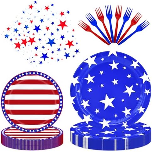 96 Pieces 4th of July Tableware Set – Patriotic Stars and Stripes Disposable Plates, Napkins, and Forks for Independence Day Party, BBQ, Picnic, and Memorial Day Celebrations – Serves 24 Guests by Herytem