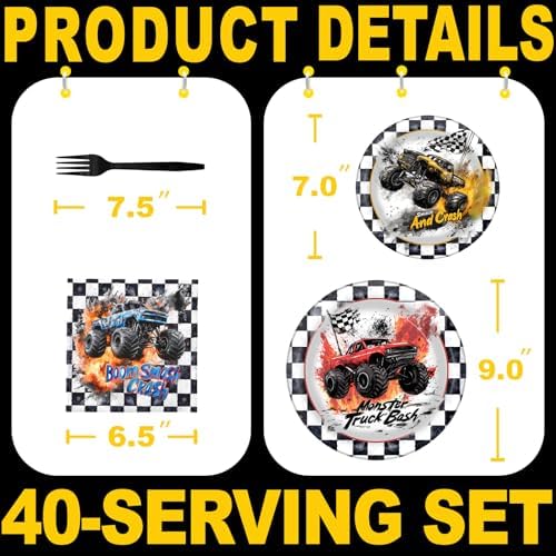 Monster Truck Party Decorations - Monster Truck Party Plates and Napkins for Kids Birthday Party, Serves 40 Guests - Image 2