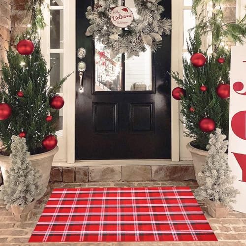 Christmas Red Green White Plaid Rug, 28" x 43" Cotton Hand-Woven Buffalo Check Layered Door Mat for Front Porch, Entryway, Outdoor Holiday Decor, Washable Farmhouse Rug for Home, Patio, Kitchen - Image 7