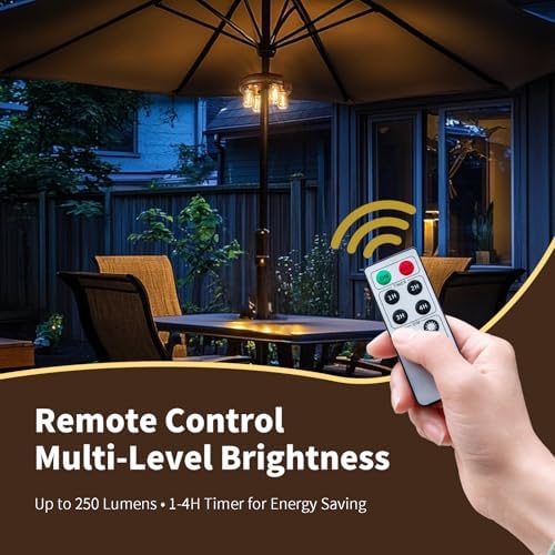 Dark Wood Grain Patio Umbrella Light with Remote Control, Rechargeable Cordless LED Edison Bulbs Pole Light with 10 Brightness Levels for Garden, Patio, Backyard, Camping or BBQ (2 Pack) - Image 3