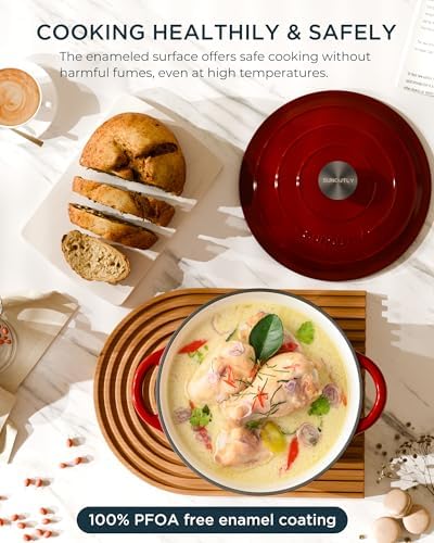 Enameled Cast Iron Dutch Oven, 6QT Pot with Lid, Cherry Red - Image 2