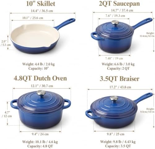 Nonstick Enameled Cast Iron Cookware Set, 4-Pcs Pots and Pans with Lid - Image 2