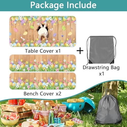 Easter Picnic Table Cover with Bench Covers, Cute Bunny Flower Brown Wooden Board Camping Tablecloth, Waterproof Windproof, Fitted Tablecloth Cover with Elastic Edge, for Outdoor, 3 PCS, 30x72 Inch - Image 5