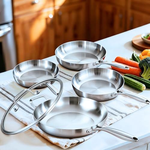 8-10-12-14'' Frying Pan Set with A Lid | Tri-Ply Stainless Steel Skillet - Image 6