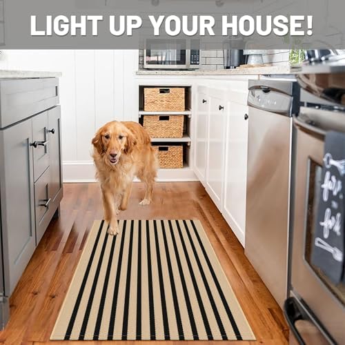 IOHOUZE 2.3x3.6 Striped Outdoor Door Mat, Washable Porch Rug, Tan Black - Image 3