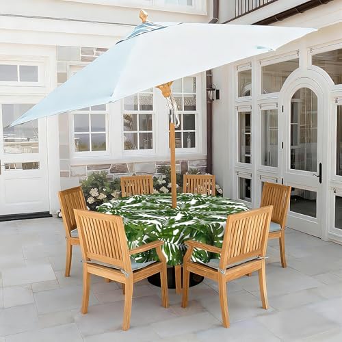 LVTXIII Outdoor Tablecloth with Umbrella Hole and Zipper, 60 Inch Water-Repellent Patio Table Cloth, Round Table Covers for Backyard Garden, Palm Green - Image 2